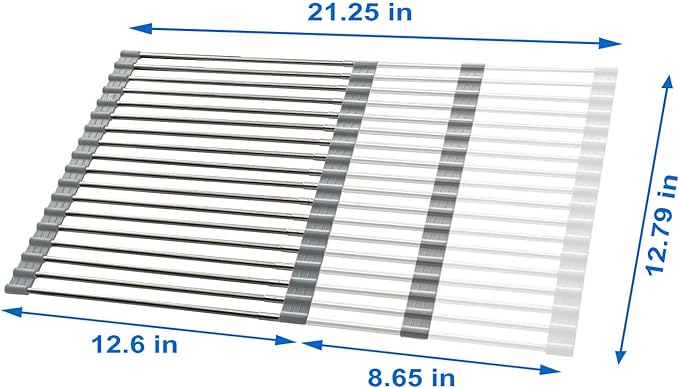 CHIRISEN Expandable Large Roll Up Dish Drying Rack, Foldable Over The Sink Dish Drying Rack, Rolling Dish Drainer Stainless Steel Roll Rack for Kitchen Sink Counter (Gray, 21.25x12.79in)