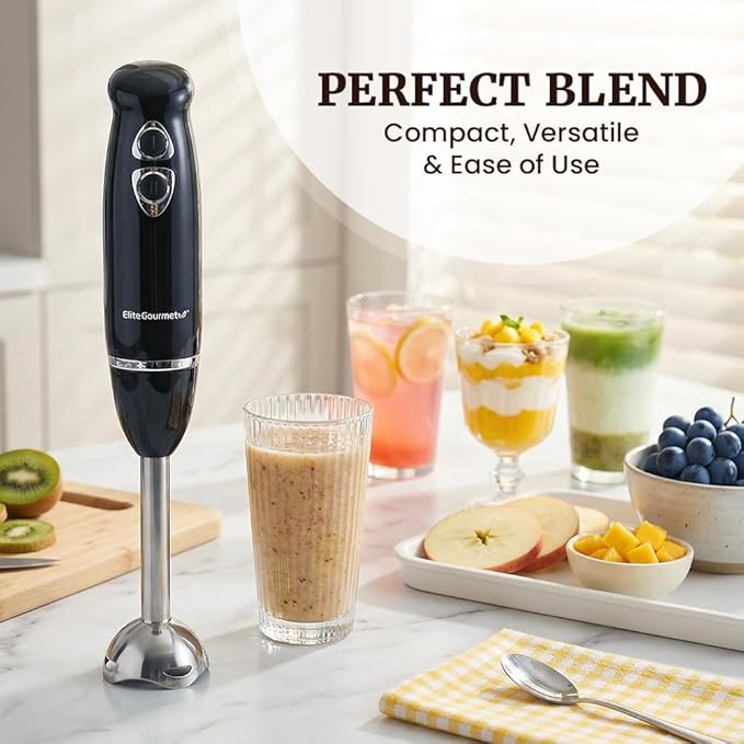 Elite Gourmet EHB1015 Immersion Hand Blender 500 Watts 2 Speed Mixing with Stainless Steel Blades, Detachable Wand Stick Mixer, Smoothies, Baby Food, Soup, Black