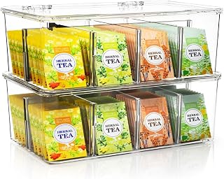 Tea Bag Organizer with Lids, Stackable Tea Box, 2 Pack, Clear