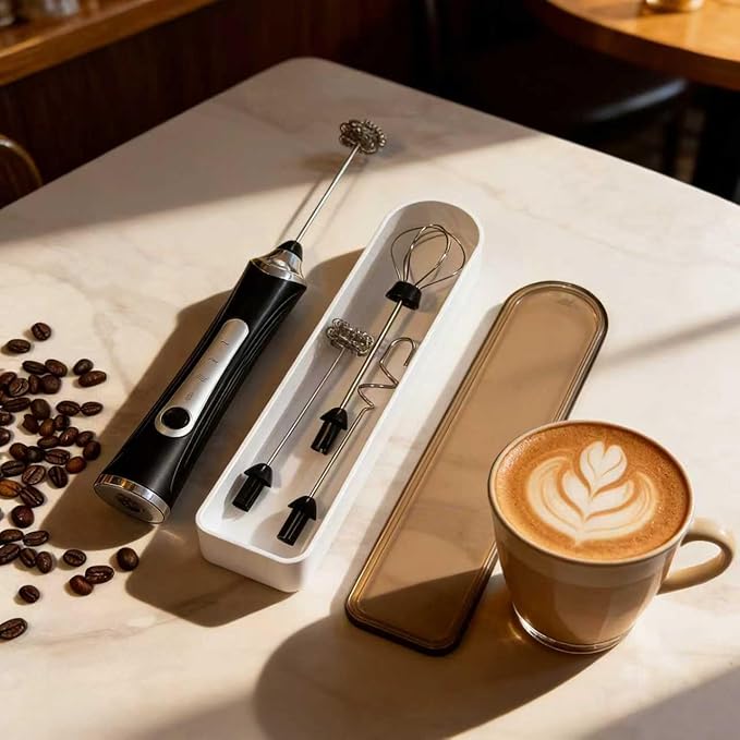 Handheld Electric Milk Frother with 2 Heads, Coffee Whisk Foam Mixer with USB Rechargeable 3 Speeds, Foam Maker Blender for Latte, Cappuccino, Hot Chocolate, Egg (Black with 3Head+Box)