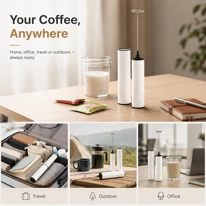 Milk Frother, Rechargeable Battery Operated Frother for Coffee,Portable Drink Mixer with 2 Stainless Steel Whisk Heads,Milk Foamer for Keto Coffee, Latte, Cappuccino, Hot Chocolate,White
