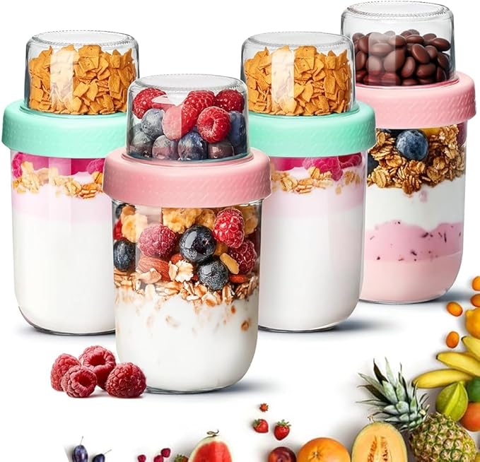 ComSaf Overnight Oats Containers with Lids (16oz+4oz, 4Pcs), Dual-Laryer Chia Pudding Jars with Dry and Wet Separation, Yogurt Parfait Cups for Oatmeal Cereal Nut Fruit, Meal Prep Glass Jars for Salad