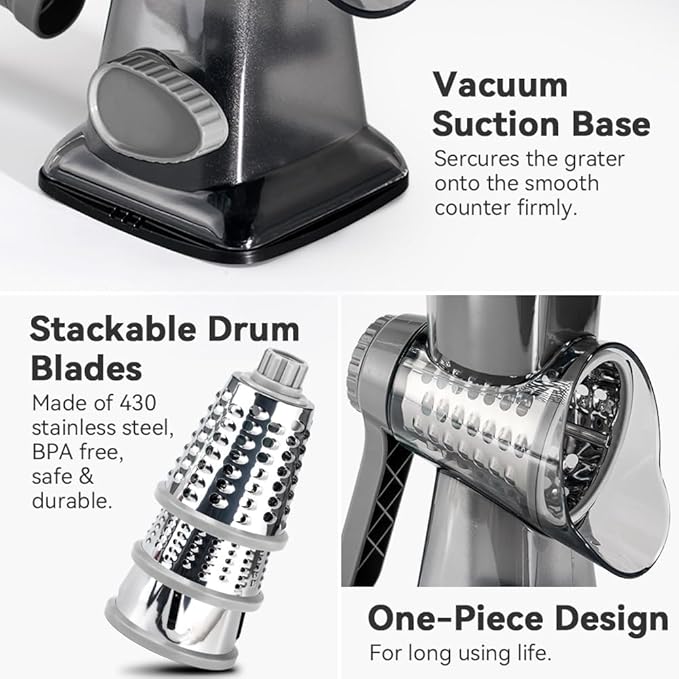3 in 1 Manual Vegetable Cutter Machine with Stainless Steel Changeable Blades Rotary Cheese Grater Kitchen Tool Potato Slicer Shredder Nuts Chocolate Chopper (Transparent black)