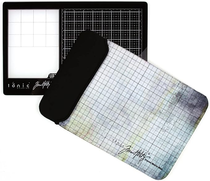 Tim Holtz Travel Glass Cutting Mat - Left Handed Portable Work Surface with 8x8 Measuring Grid and Palette for Mixed Media - Art Supplies with Carry Case