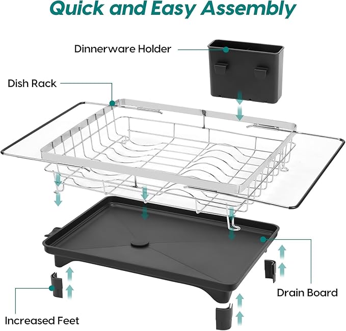 MERRYBOX Stainless Steel Dish Drying Rack, Expandable Dish Drainers for Kitchen Sink, Non-Slip & Durable - Sink Dish Rack with Large Cutlery Holder (Adjustable 15.4" to 23" cm)