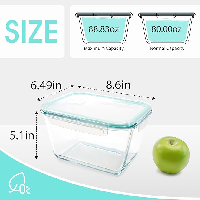 NUTRIUPS 2.6L Large Glass Food Storage Containers, 9×6×5in Deep Rectangle Meal Prep Containers, Glass Microwave Bowls with Lids (one piece)