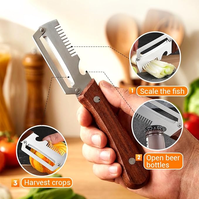 2026 New Multi-functional Vegetable Peeler, 3 in 1 Ktchen Multi-function Stainless Steel Thickened Fruit Peeler Knife with Wooden Handle, Suitable for Peeling Fruits and Shredding Scallions (1)