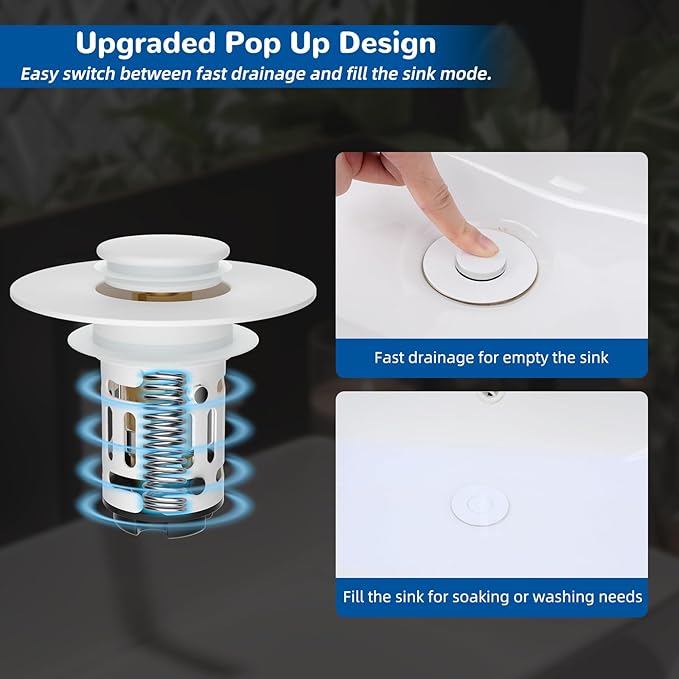 Hibbent 2 Pack 3 in 1 Bathroom Sink Drain Strainer, Universal Pop Up Stopper with Removable Stainless Steel Filter Basket Hair Catcher, Sink Plug for 1.1''~2.36'' Basin, Brass Bullet Core, White