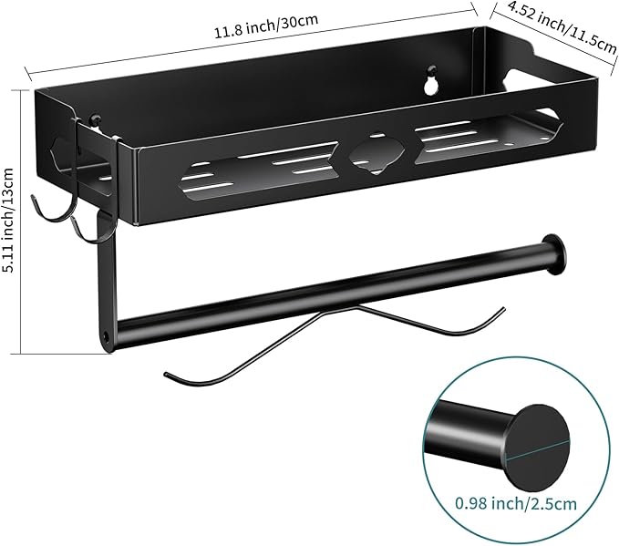 Paper Towel Holder with Shelf for Bathroom, Kitchen Paper Holder Spice Rack Paper Towel Roll Holder Wall Mounted Paper Towel Holder with 2 Hooks(2 Installation Methods - Self-Adhesive and Drilling)