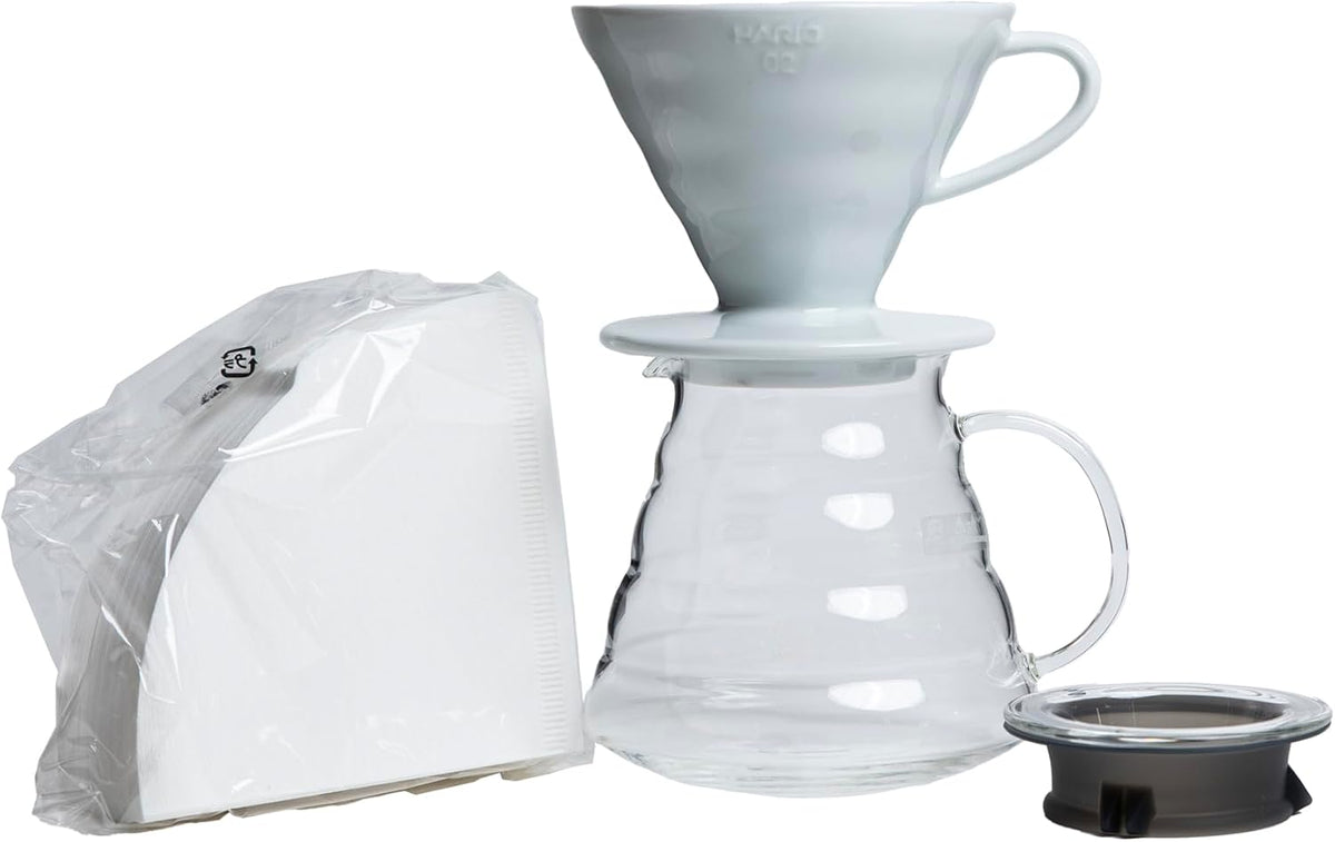V60 Coffee Pour Over Kit - Includes 02 Ceramic Dripper, Glass Range Server, and 100ct Filters
