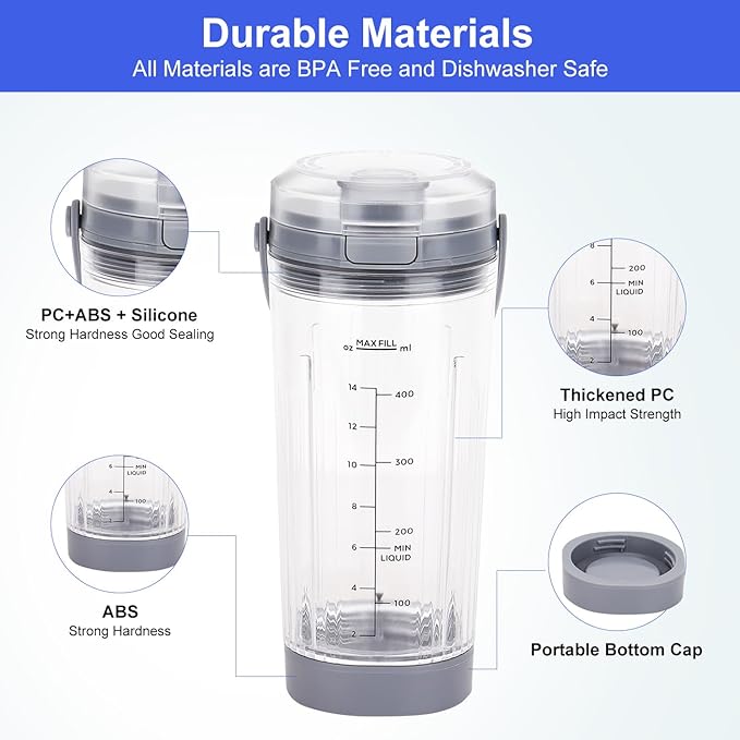 Replacement Blender Cup with Lid for Ninja Blast Portable Blender BC100 & BC151 Series: 18 oz Blender Cup Accessories Part Compatible with Ninja Blaste Blender (Grey)