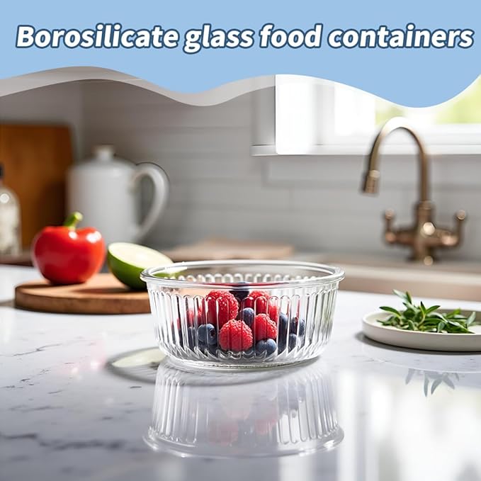 H.JSS WDJS 1.5 cup Round Glass Food Storage Containers with Lids, 12oz Small Glass Meal Prep Containers set, Heat-Resistant BPA-Free Round food bowl for Leftover. Microwave, Dishwasher & Freezer Safe
