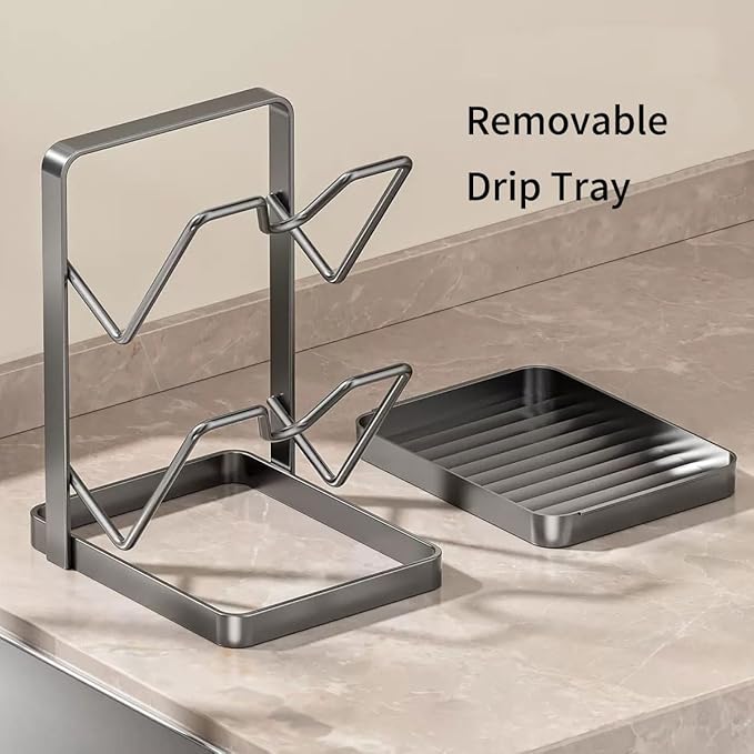 Kitchen Pot Lid Storage Rack,Thickened Carbon Steel Material Pot Lid Holder While Cooking, Lid And Spoon Rest,Multifunctional Kitchen Pot Cover Organizer,With Removable Drip Tray.(Gray,Double)