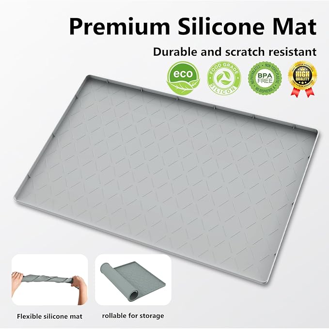 Mateeylife Under Sink Mats for Kitchen Waterproof 31"X22", Undersink Protectors，Silicone Mat Cabinet Liner, Under Sink Organizer for Bathroom and Kitchen，Boot Tray Pet Food Mat, Light Grey