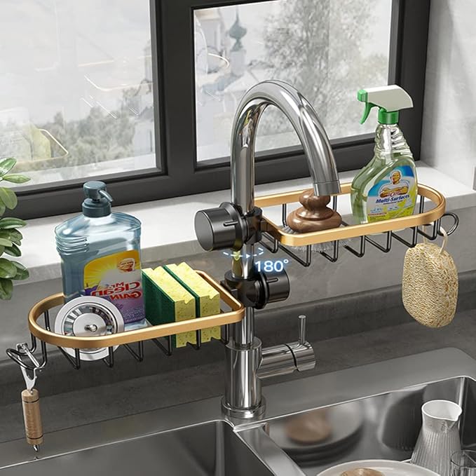 Stainless Steel Drying Rack with Dishcloth Rack, Over Faucet Hanging Kitchen Sink Organizer, Space Saving, Golden