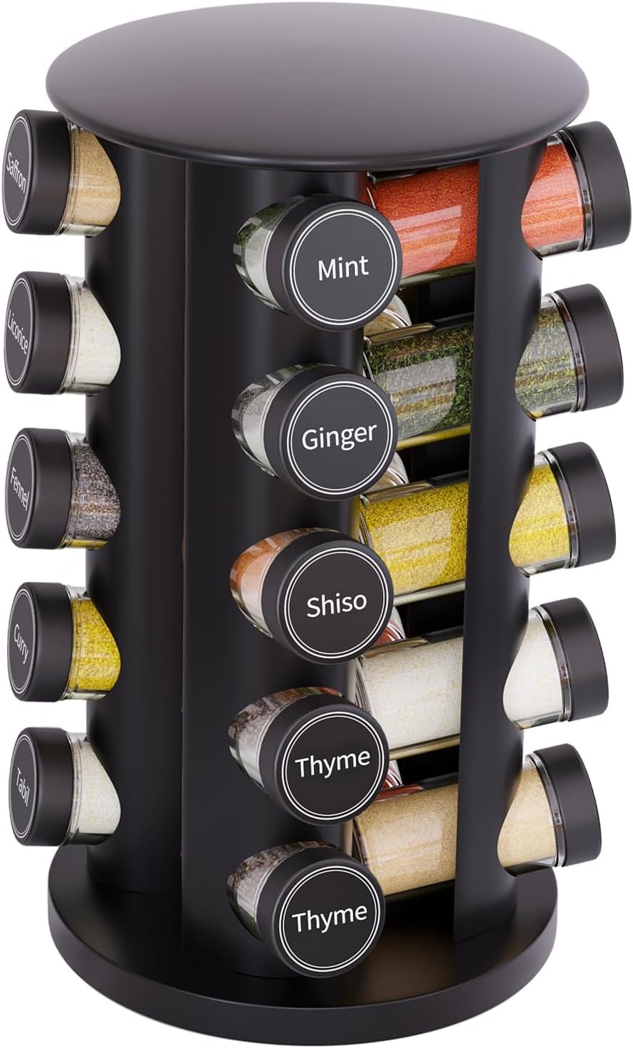 Revolving Spice Rack Set with 20 Spice Jars, Kitchen Spice Tower Organizer for Countertop or Cabinet - Carousel Storage Includes 386 Spice Labels (Black)