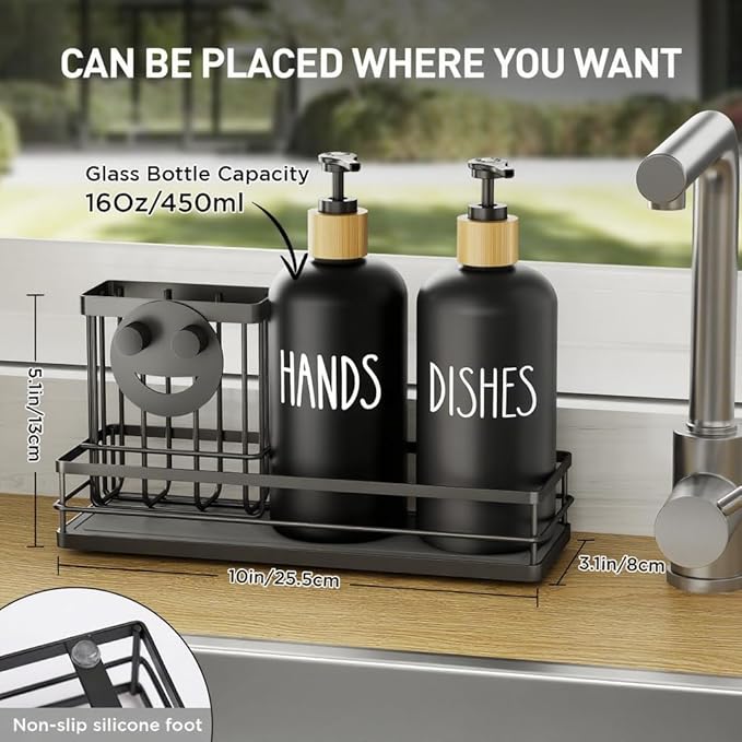 Moforoco Kitchen Dish Soap Dispenser Set, 16OZ Glass Bottle, Hand and Dish Soap Dispenser Set, Instant Dry Tray, Brush Holder with Smiley Face Sponge Holder (Black Tray+Black Bottle)