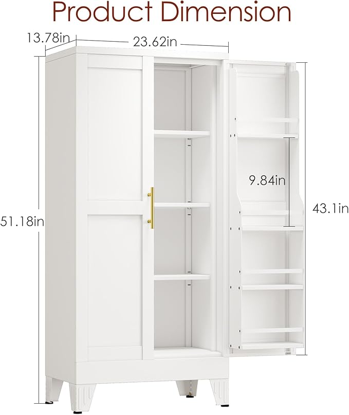 winiowa 51" Metal Kitchen Pantry Storage Cabinet, Pantry Cabinet with Doors and Adjustable Shelves, Steel Storage Cabinet for Kitchen, Dining Room, Living Room-White