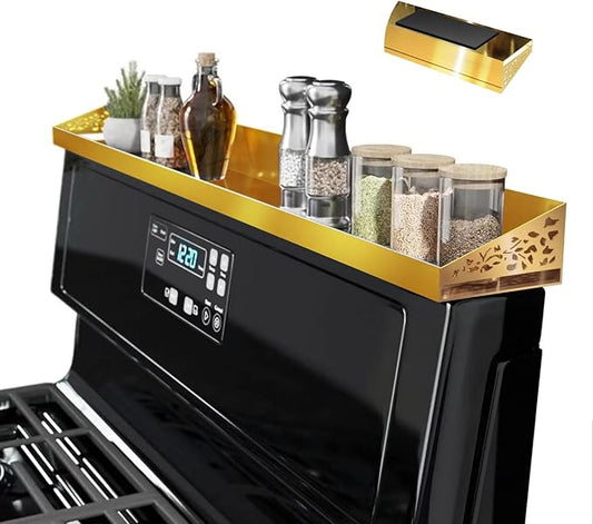 STUTOV 30" Magnetic Stove Top Shelf – Brushed Gold Spice Rack and Seasoning Organizer – Kitchen Shelf for Back of Stove – Over Stove Rack and Storage Organizer