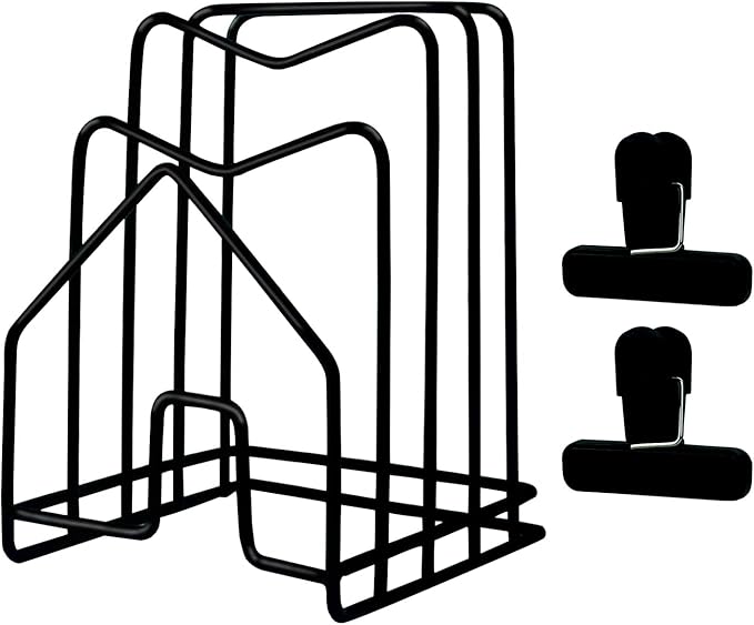 SUNFICON Cutting Board Holder W 2 Chip Bag Clips 304 Stainless Steel Chopping Board Rack Pot Lid Organizer Inside Cabinet Pot Cover Cookie Sheet Bakeware Serving Tray Cooling Rack Stand Kitchen Black