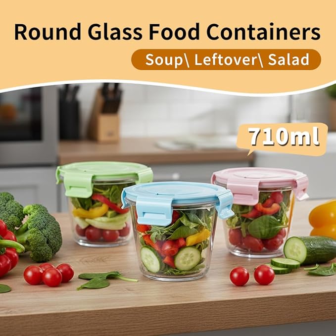 3 Cup Round Glass Food Containers With Airtight Lids, BPA-Free 23oz Round Glass Soup Storage Container Set,Food bowls for Leftover, Microwave, Dishwasher, Fridge and Freezer Safe