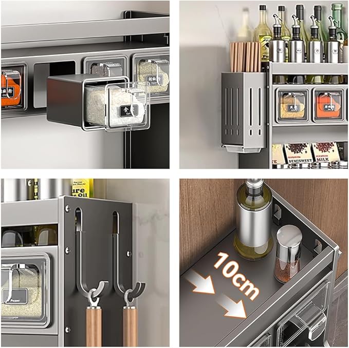 Kitchen Seasoning Shelf Spice Rack Wall Mount with Hooks and Utensil Holder Hanging Seasoning Box Shelf Seasoning Jar Organizer for Sugar Salt Pepper Oil Bottle (4 Boxes)