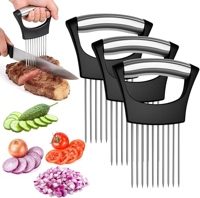 Onion Holder for Slicing, Stainless Steel Onion Slice Holder, Lemon Slicer Vegetable Cutter, Chopper Slicing Assistant for Meat, Onion, Potato, Tomato - Kitchen Tool (3 Piece)