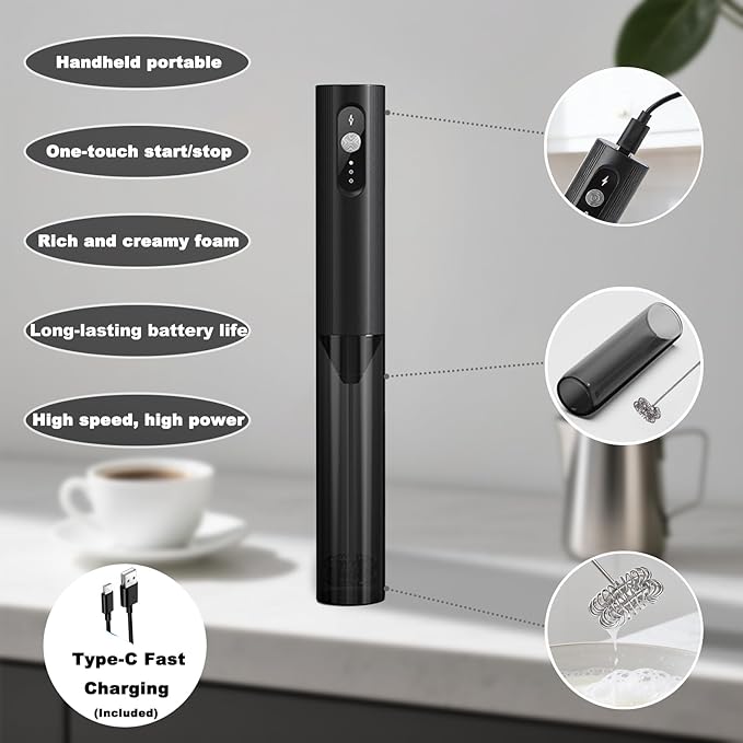 Rechargeable Milk Frother Handheld with Cover, 3-Speed Silent Coffee Frother Wand Electric, Portable Drink Mixer for Coffee Latte Cappuccino Matcha Hot Chocolate & Eggs, Kitchen Gifts, Black