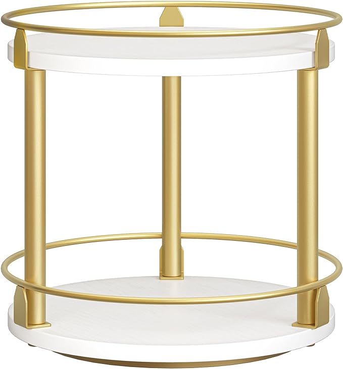 YATINEY Lazy Susan Organizer, Rotating Spice Rack, 2 Tier Spice Turntable Organizer, Industrial Turntable Spice Holder, for Kitchen Countertop and Cabinet, Compact and Versatile, White and Gold SR22DW
