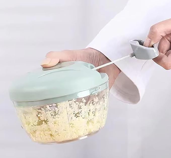 Manual Garlic Chopper, 500Ml Blue Cover ABS Resin Hand Pull String Chopper for Crushing Vegetables and Spice (Blue)