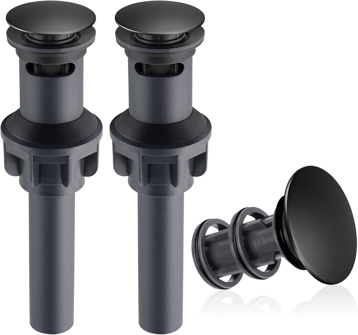 2 Pack Universal Bathroom Sink Drain Stopper, Pop Up Drain Strainer with Overflow, Push and Seal Sink Plug with Basket for Lavatory Vanity Vessel, Anti-Clogging Strainer, Matte Black
