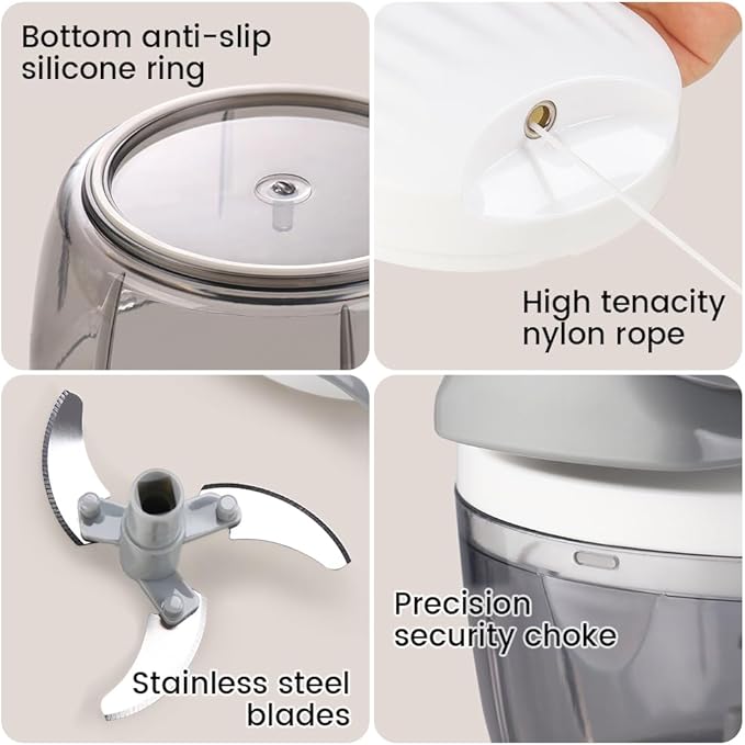 Manual Food Processor & Vegetable Chopper Grey - 2.3 Cup Mini Hand-Pull Cord Kitchen Chopper for Onion, Garlic, Vegetables with 3 Stainless Steel Blades