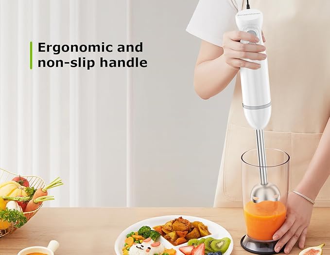 Bonsenkitchen Hand Blender, Immersion Blender with 2 Mixing Speed, 4-In-1 Handheld Stick Mixer with Egg Whisk, Beaker & Chopper Bowl for Baby Food, Soups, Smoothies, White