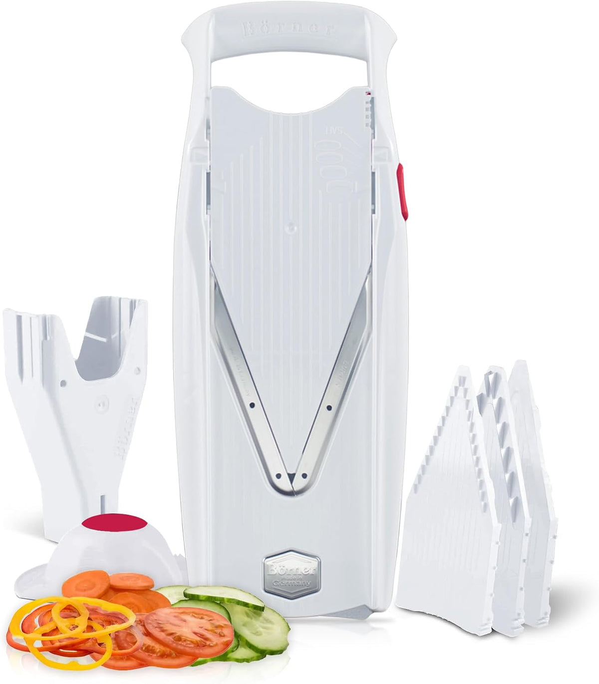 Swissmar VPower V-Slicer Mandoline – Professional Kitchen Tool with Adjustable Thickness – Precision Food Slicer for Vegetables, Julienne, Shredding – Includes Safety Holder & Inserts - White
