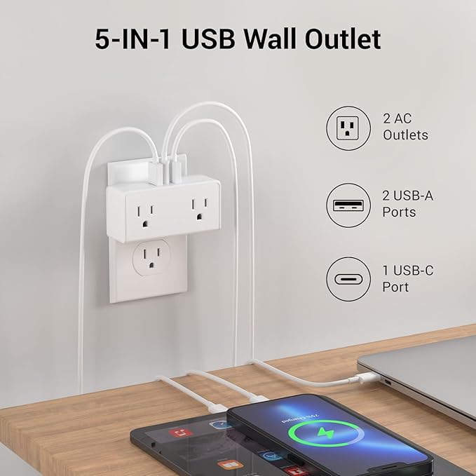 Clear Power 2Pack (Wall-Tap & Power Strip) with 6ft Power Cord, Compact Charging Hub with 2-Port USB-A & 1-Port USB-C Chargers, 3-Prong, for Home, Office, Hotel, DC3S-1122-DC