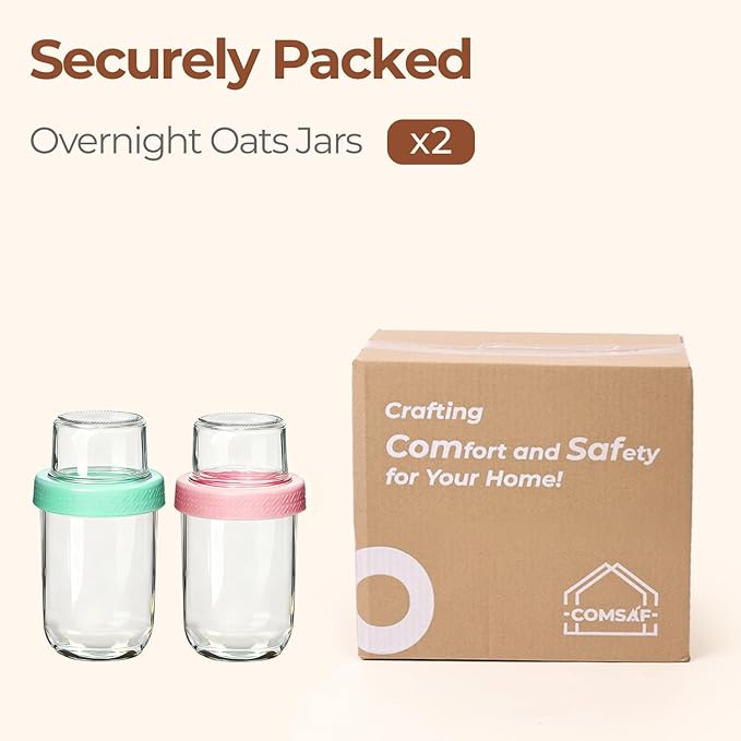 ComSaf Overnight Oats Containers with Lids (16oz+4oz, 2Pcs), Dual-Laryer Chia Pudding Jars with Dry and Wet Separation, Yogurt Parfait Cups for Oatmeal Cereal Nut Fruit, Meal Prep Glass Jars for Salad
