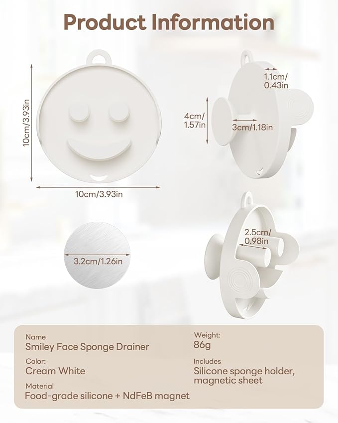 Sponge Holder for Kitchen Sink, Food-Grade Silicone Sponge Caddy with Strong Magnet, 3-in-1 Self-Draining Sink Organizer, Fast Drying & Space Saving, Cream White