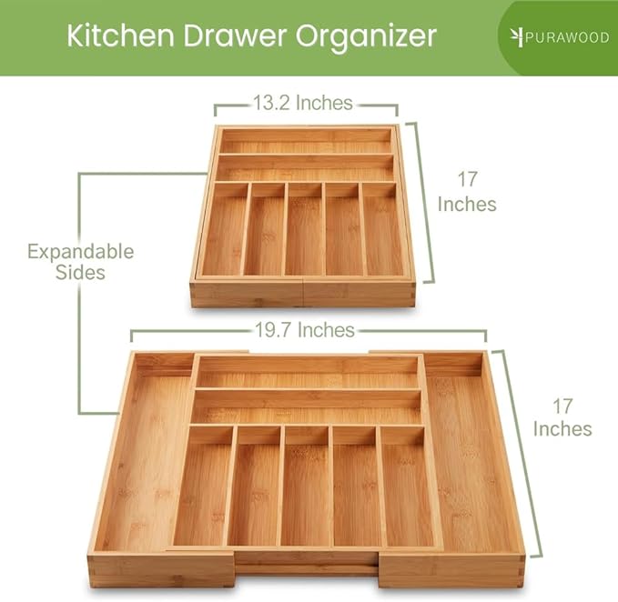 Purawood Bamboo Drawer Organizer, 2 Pack - Expandable Silverware Organizer & Utensil Organizer, Cutlery Tray with Dividers, 7-9 Slots- Premium Kitchen Organizer for Utensils & Flatware (Natural)