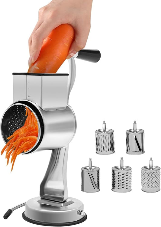 5-in-1 Stainless Steel Rotary Cheese Grater & Vegetable Slicer with 5 Interchangeable Blades, Countertop Cheese Grater Manual Kitchen Shredder Round Food Chopper for Fruit, Vegetables, Nuts and More
