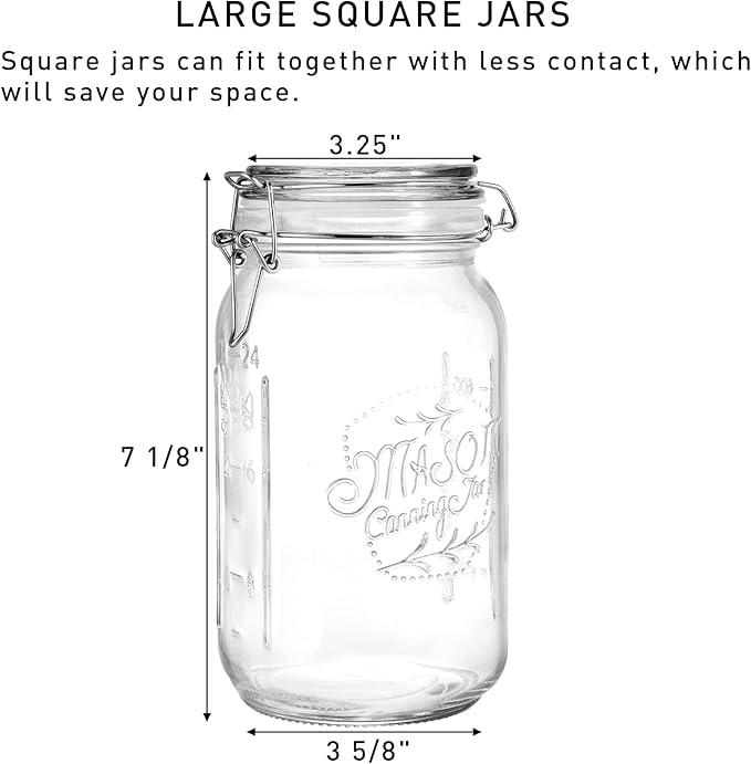 Tebery 4 Pack Clear Wide Mouth Glass Mason Jars with Airtight Clamp Lids, 32Oz Glass Storage Containers Large Kitchen Canisters for Food, Flour, Pasta, Coffee, Candy, Dog Treats, Snacks & More