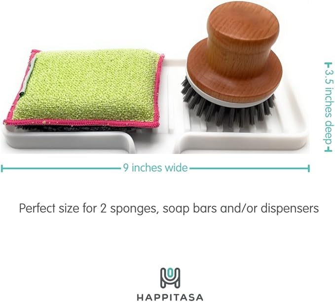Silicone Soap Dish Tray and Sponge Holder with Drain Chute, Rectangular, Kitchen and Bathroom Sink Organizer (Sand Dollar, 9"x3.5")