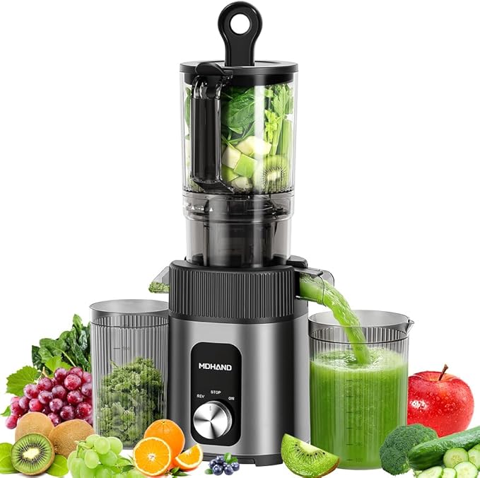 MDHAND Juicer Machines, Cold Press Juicer, Quiet Slow Masticating Juicers with Large Feed Chute, High Juice Yield, Easy To Clean, Juice Extractor Machines for Whole Vegetables & Fruits