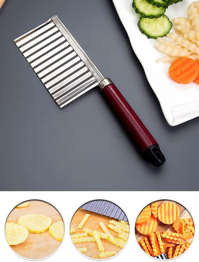 Crinkle Cutter Knife Stainless Steel Cutting Tool for Potato Carrot Chip Vegetable French Fry, Wavy Chopper Wave Slicer Steel Blade, Kids Lunch Accessories (Longer Red Handle)