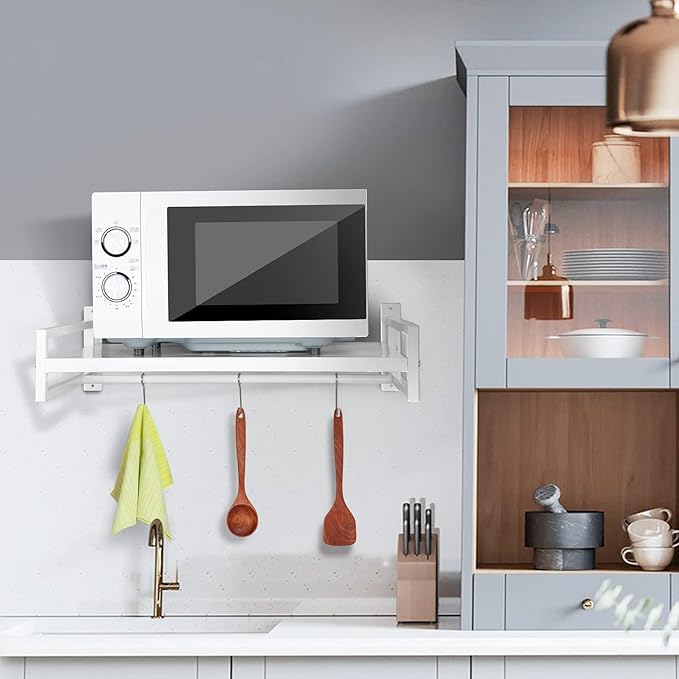 ABCOOL Wall Mount Microwave Oven Shelf Rack, White Carbon Steel Counter Countertop Holder with Hook Rail and 3 Slidable Hooks for Kitchen Home
