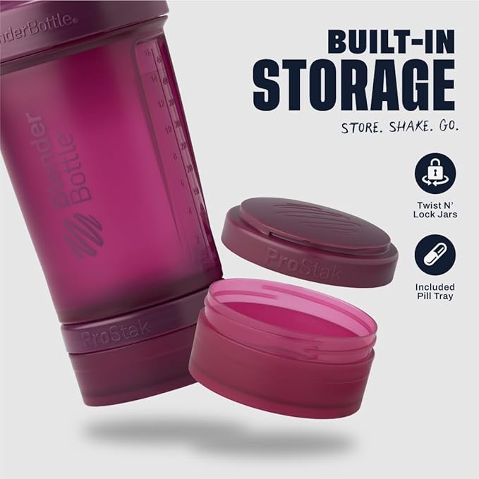 BlenderBottle Shaker Bottle with Pill Organizer and Storage for Protein Powder, Classic V2 ProStak System, 22-Ounce, Plum