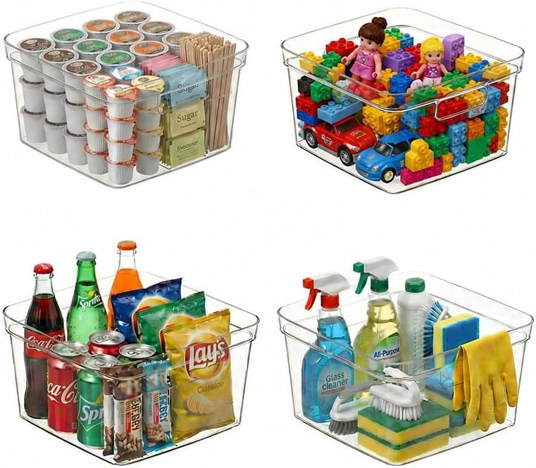4-Pack 10x10x6 Clear Plastic Cube Storage Bins with Handles