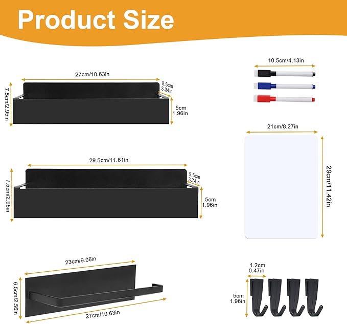 4 Pack Magnetic Spice Rack for Refrigerator,Metal Magnetic Shelf Black with Paper Towel Holder,Whiteboard,3 Markers,4 Hooks,Space Saving for Home,Kitchen
