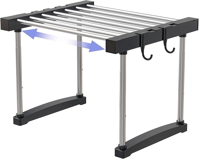 BLULEE Dual-Adjustable Cabinet Organizer Shelf,Expandable Width & Height Stackable Spice Rack with Snap-Lock,2-Tier Kitchen Organization and Storage for Under Sink,Countertop,Pantry,Black,1Pack