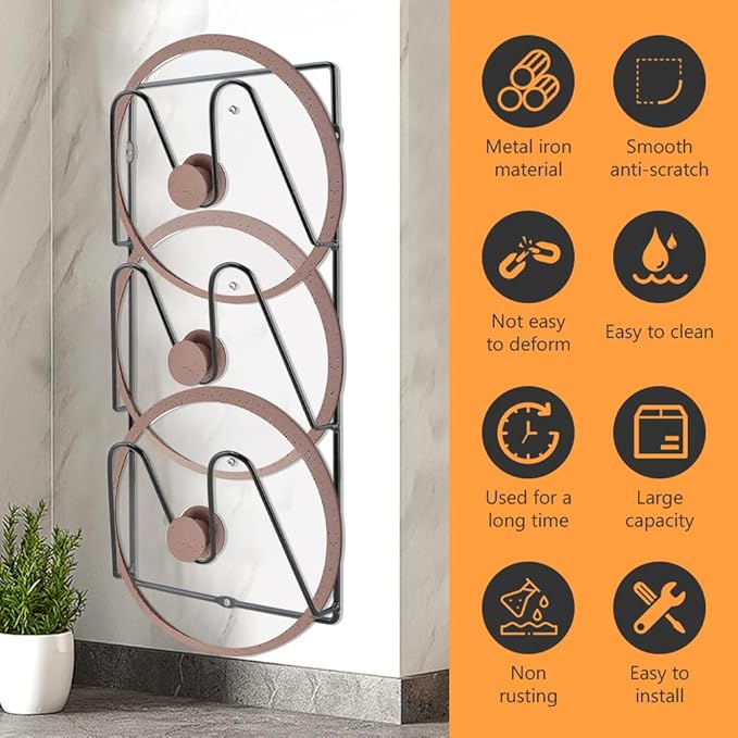 2 Pack Pot Lid Organizer for Cabinet Door, 3 Tier Wall Mount Lid Holder Rack, Adhesive No Drill or Screw Install, Iron Storage for Lids Baking Sheets Cutting Boards, Black