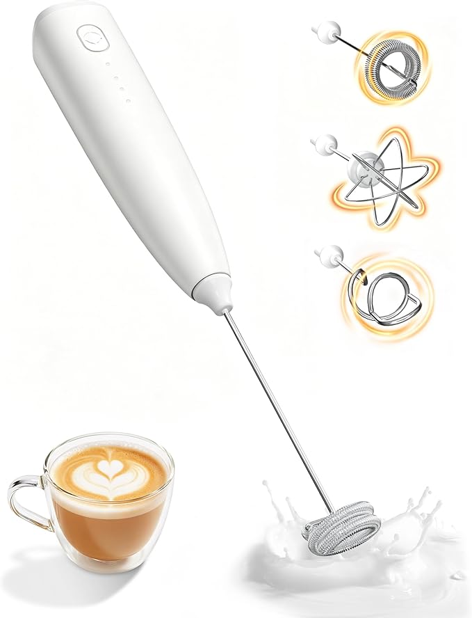Portable Milk Frother Handheld,Electric Drink Mixer & Wand, 3 Detachable Stainless Steel Whisks, 3 Adjustable Speeds Quiet, USB C Rechargeable for Coffee, Latte, Matcha, Home & Kitchen (White)